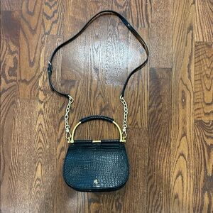 Ralph Lauren Black Croc-Embossed Crossbody Bag with Gold Accents